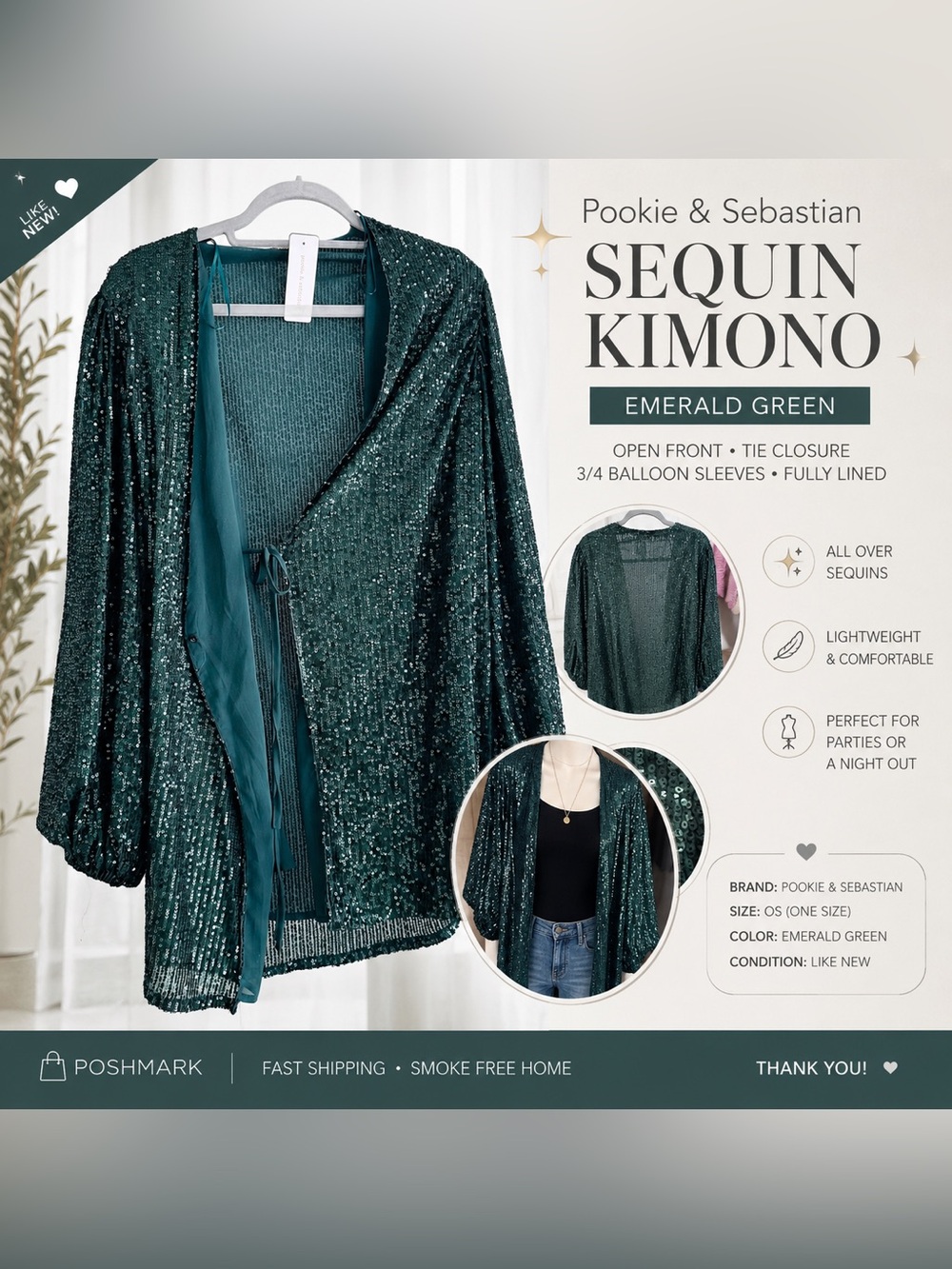 Rachel Zoe Emerald Green Sequin Kimono Cardigan